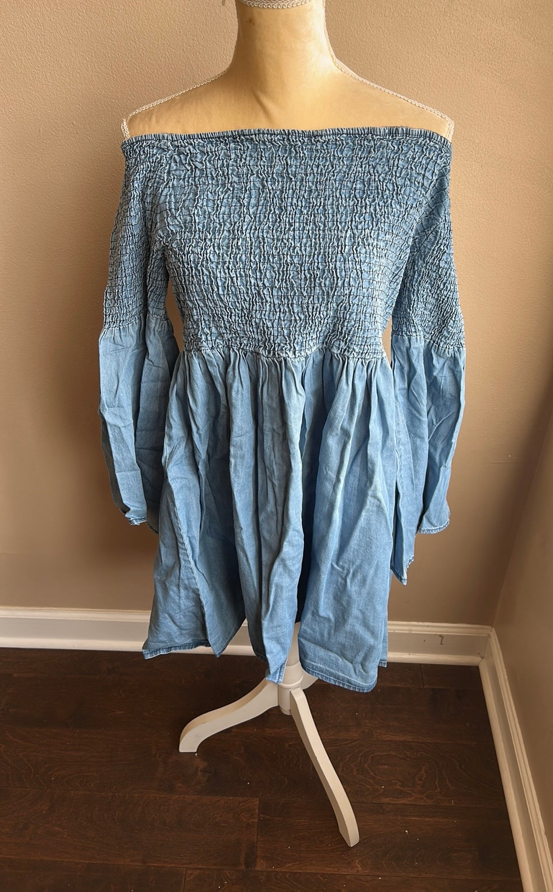 New Womens Plus Sz 2X Stone Washed Mini Denim Dress Bell Sleeve Cotton Blue