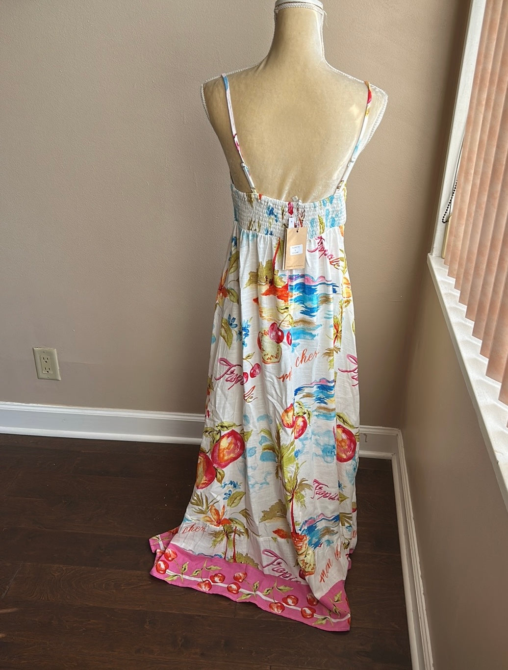 Label Of Love Leilani Dress New Sz L Linen Blend Smocking Tropical Fruits