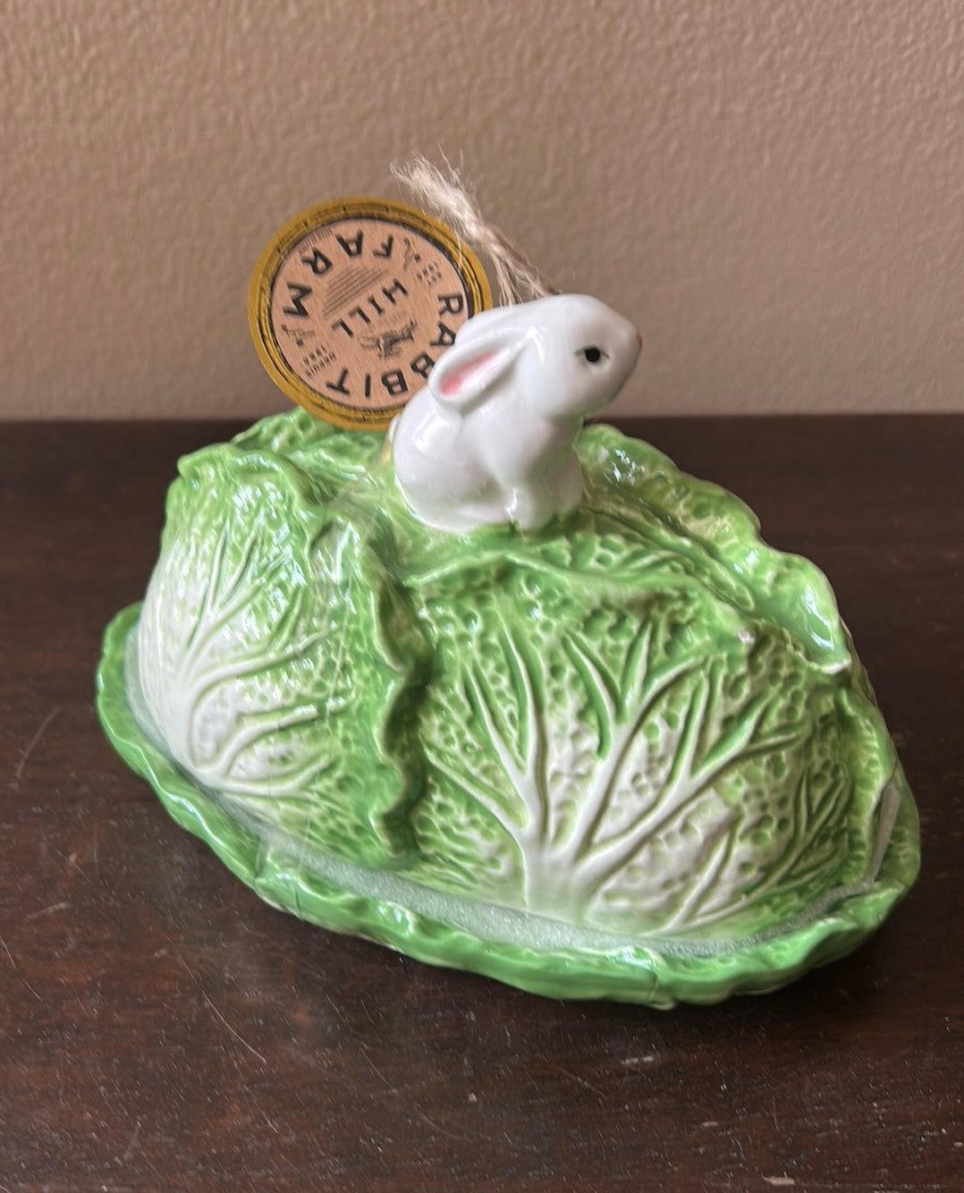 Arlington Design SPRING BUNNY CABBAGE LEAF CERAMIC BUTTER DISH PLATE W/COVER NEW