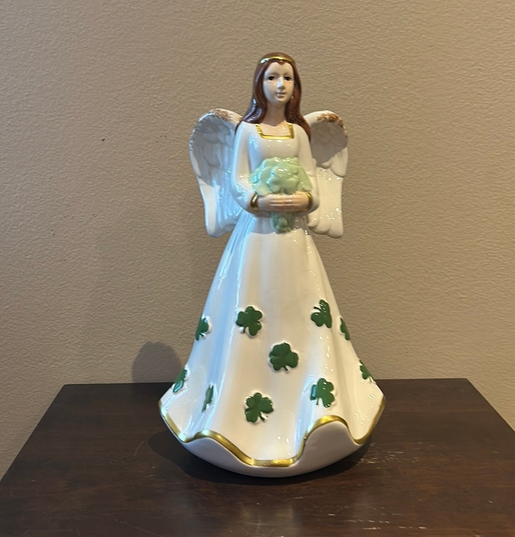 Cute St Patrick’s Day Angel Holding Clover Leaf Figurine Bouquet New