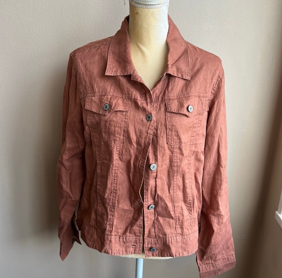 Jones New York Womens Sz L Linen Jacket Tan New Front Button Lightweight