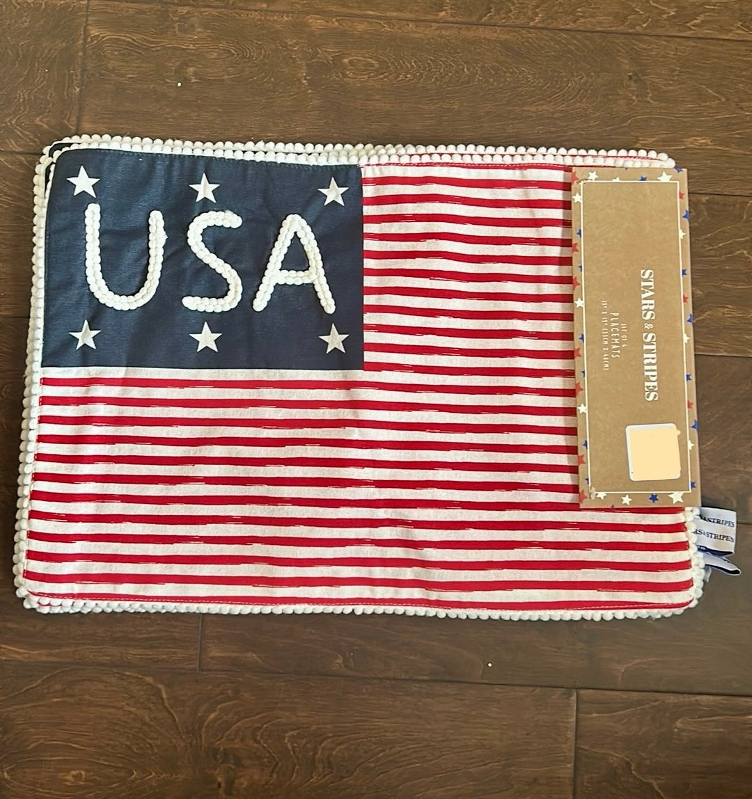 Stars & Stripes Set Of 4 Red White Blue Placemats Quilted American Flag USA New