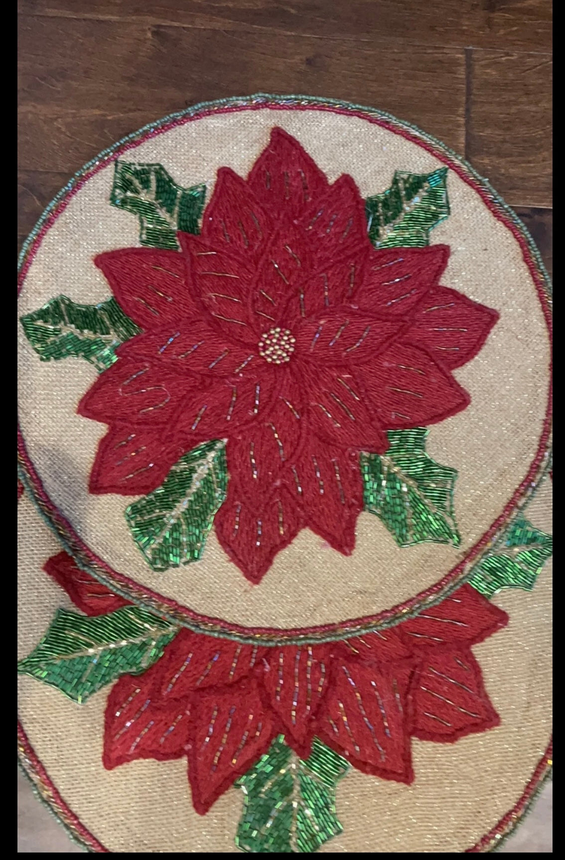 2 Cynthia Rowley Christmas Poinsettia Beaded Round 15" Charger Placemat NEW