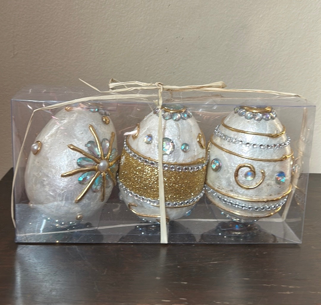 Easter Embellished EGG Jewel Capiz Egg Tabletop 5" Set of 3 Beige Gold