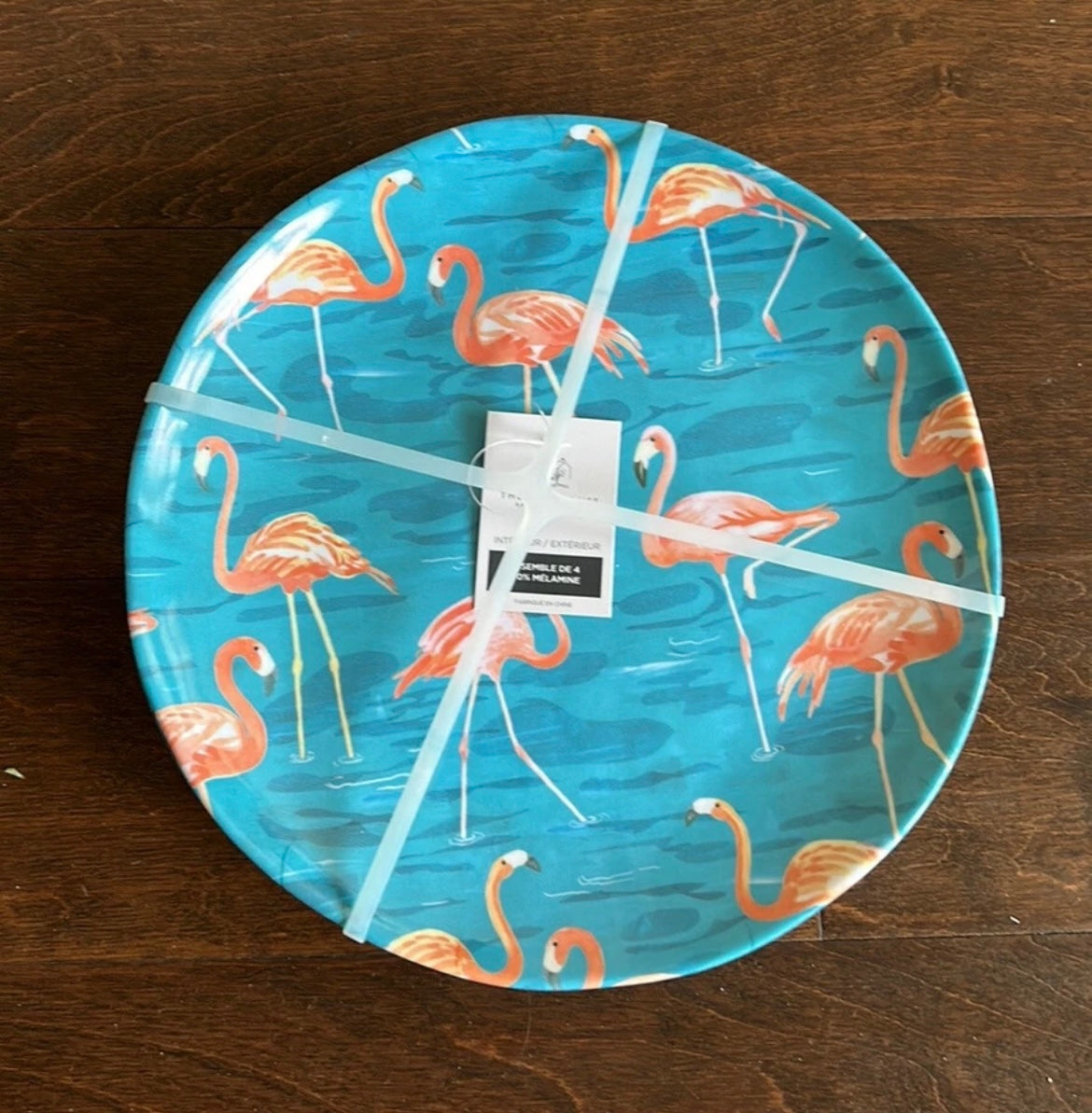 Rachel Ashwell Flamingo Print Plates set of 4 Melamine Blue Pink