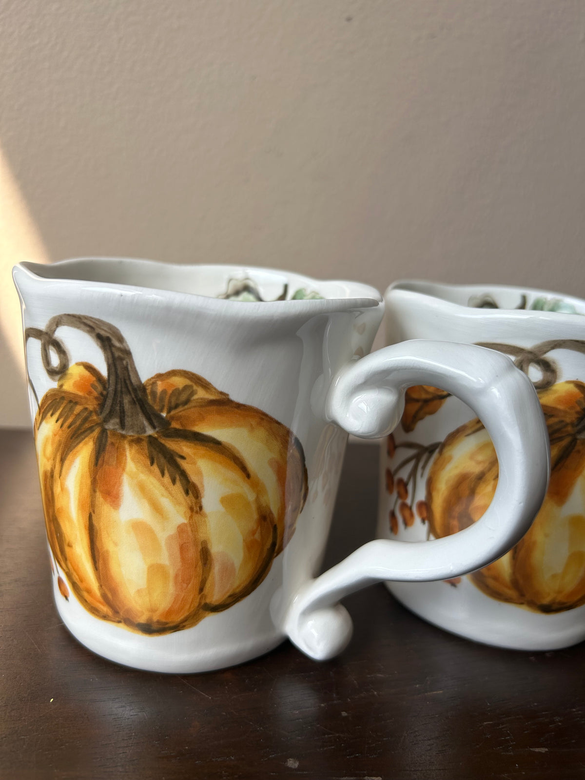 Set Of 2 Pumpkin Fall Coffee Mugs Cups New Thanksgiving Leaves Ceramic