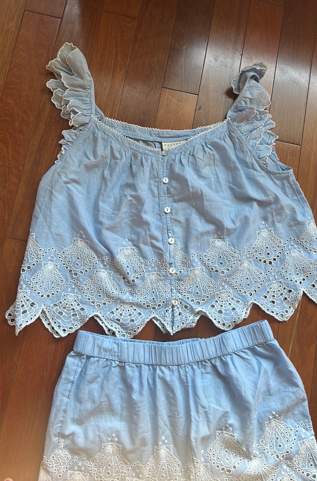 Calypso Womens Blue White Pajama Set Shorts Top New Embroidered Cotton Sz S