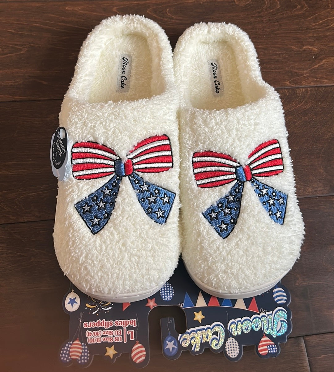 Moon Cake Womens Faux Sherpa Memory Foam Slippers Americana Flag New