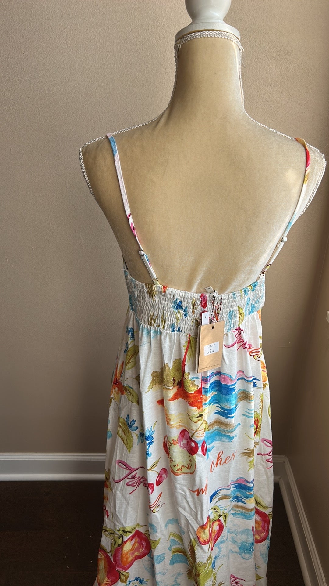 Label Of Love Leilani Dress New Sz L Linen Blend Smocking Tropical Fruits