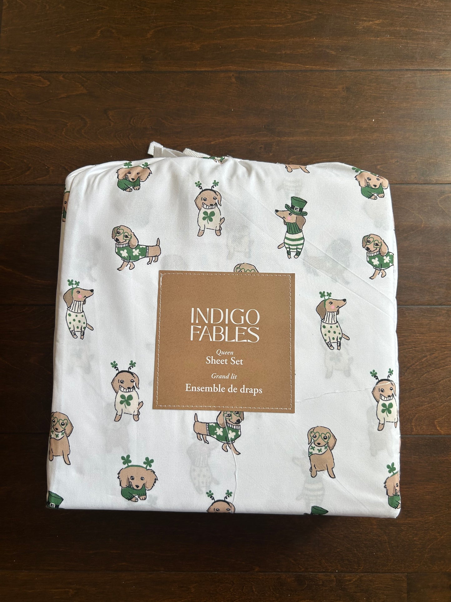 Indigo Fables Queen Sheet Set Leprechaun Dogs St Patrick’s New Daschund