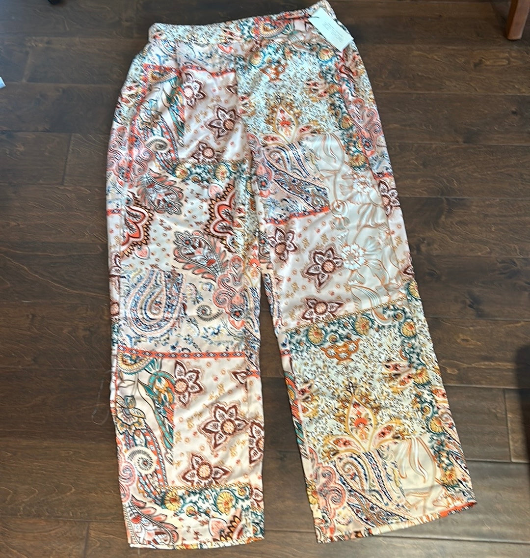 Rachel Zoe Bohemian Print Pants Wide Leg Boho Satin Paisely Floral