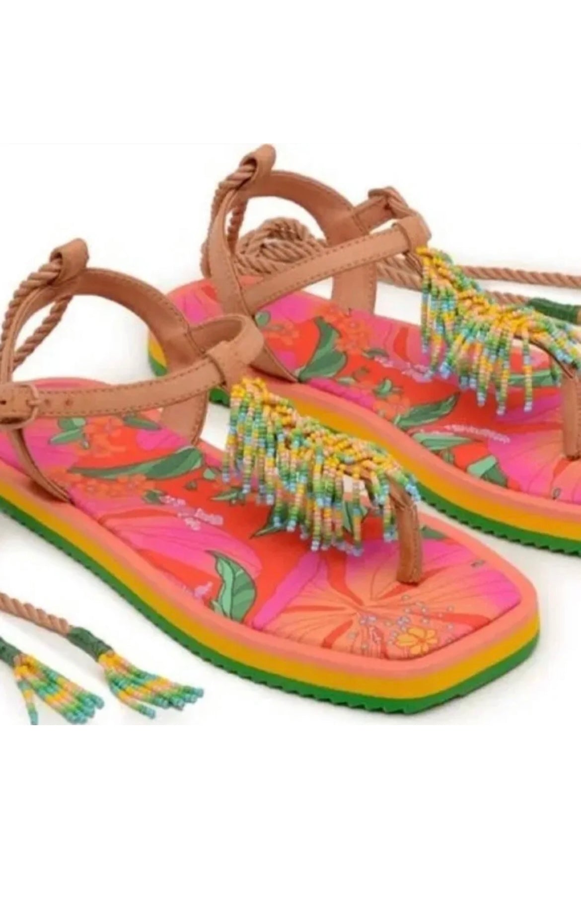 New Farm Rio Floral Pietra Black Banana Beaded Flat Sandals US 7 EUR 38 $260