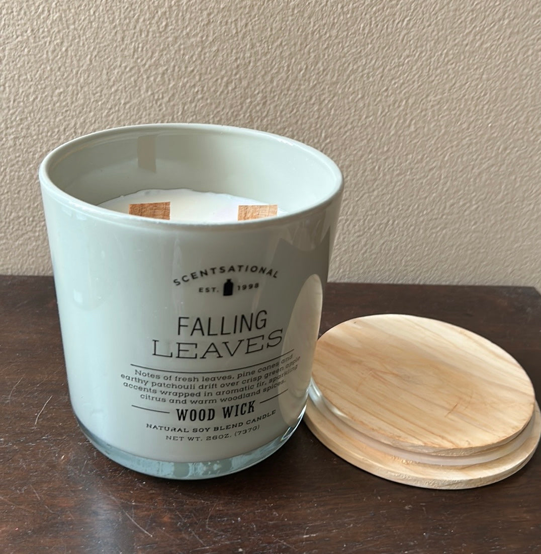Scentsational Candle Falling Leaves Glass Jar 26oz 3 Wick Coconut Wax Wood Wick