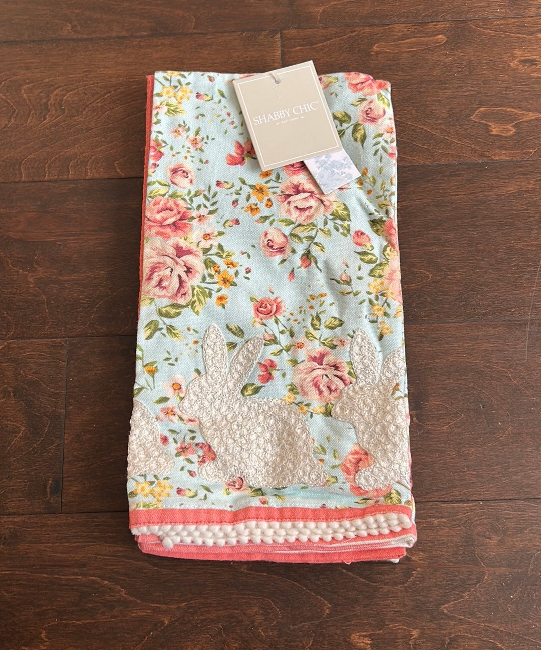 Shabby Chic Set Of 3 Kitchen Towels Spring Easter Bunny Embroidered Floral
