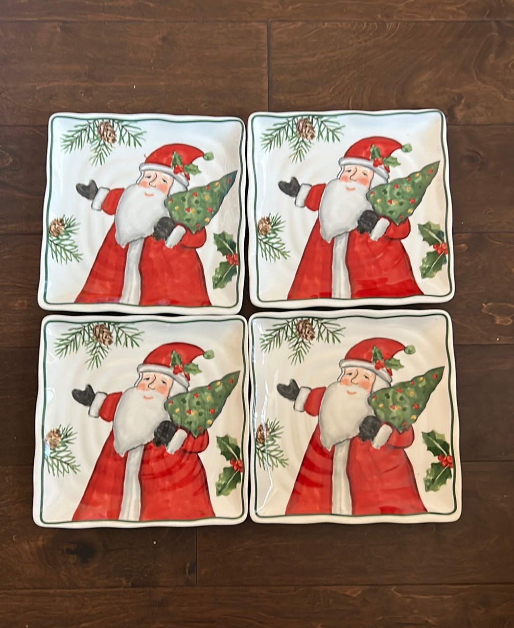 MAXCERA NEW Santa Claus With Christmas Tree SALAD PLATES 8.5" SQUARE Set Of 4