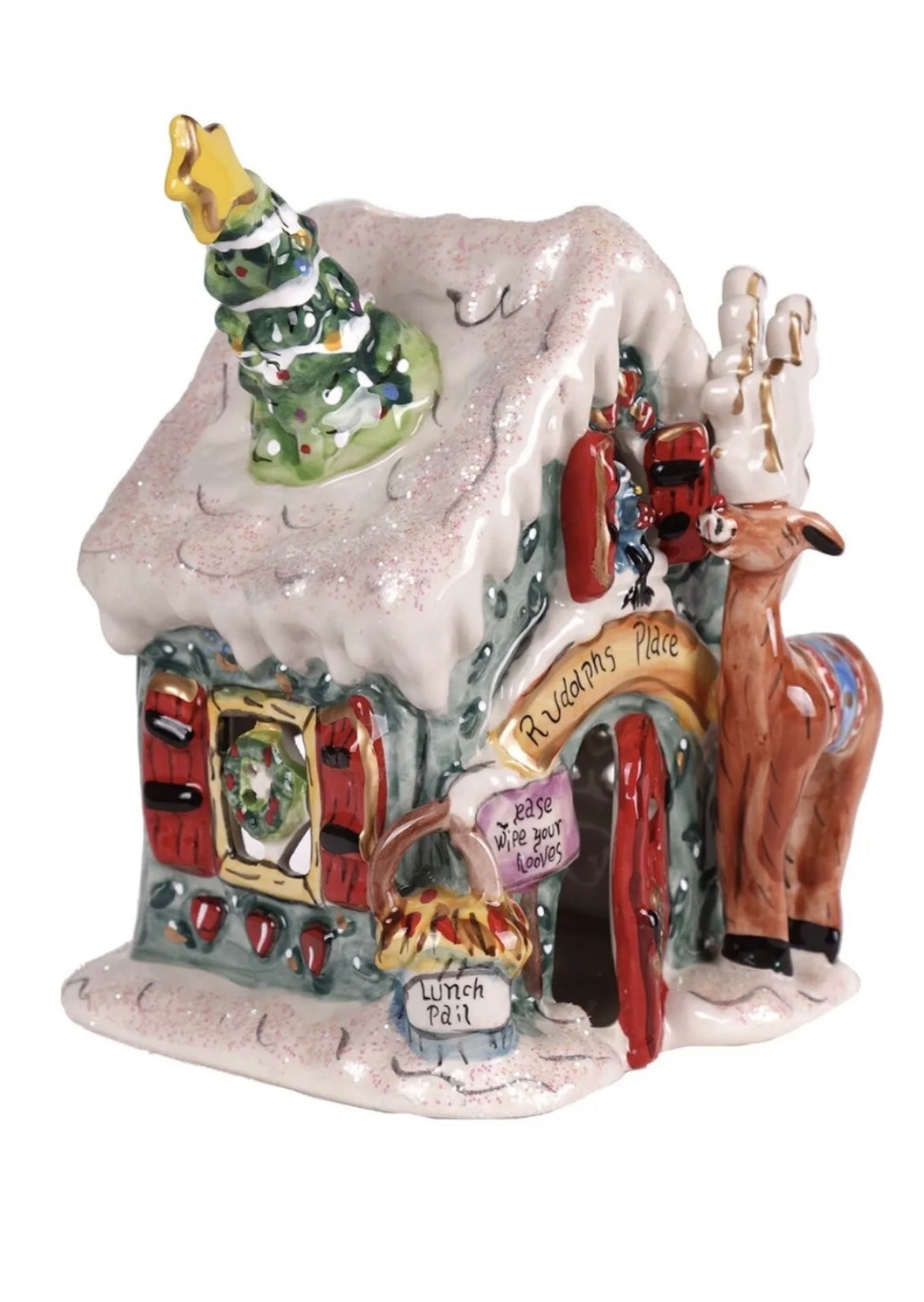 Blue Sky “Rudolph’s Place” Christmas Candle Tea Light Holder House New