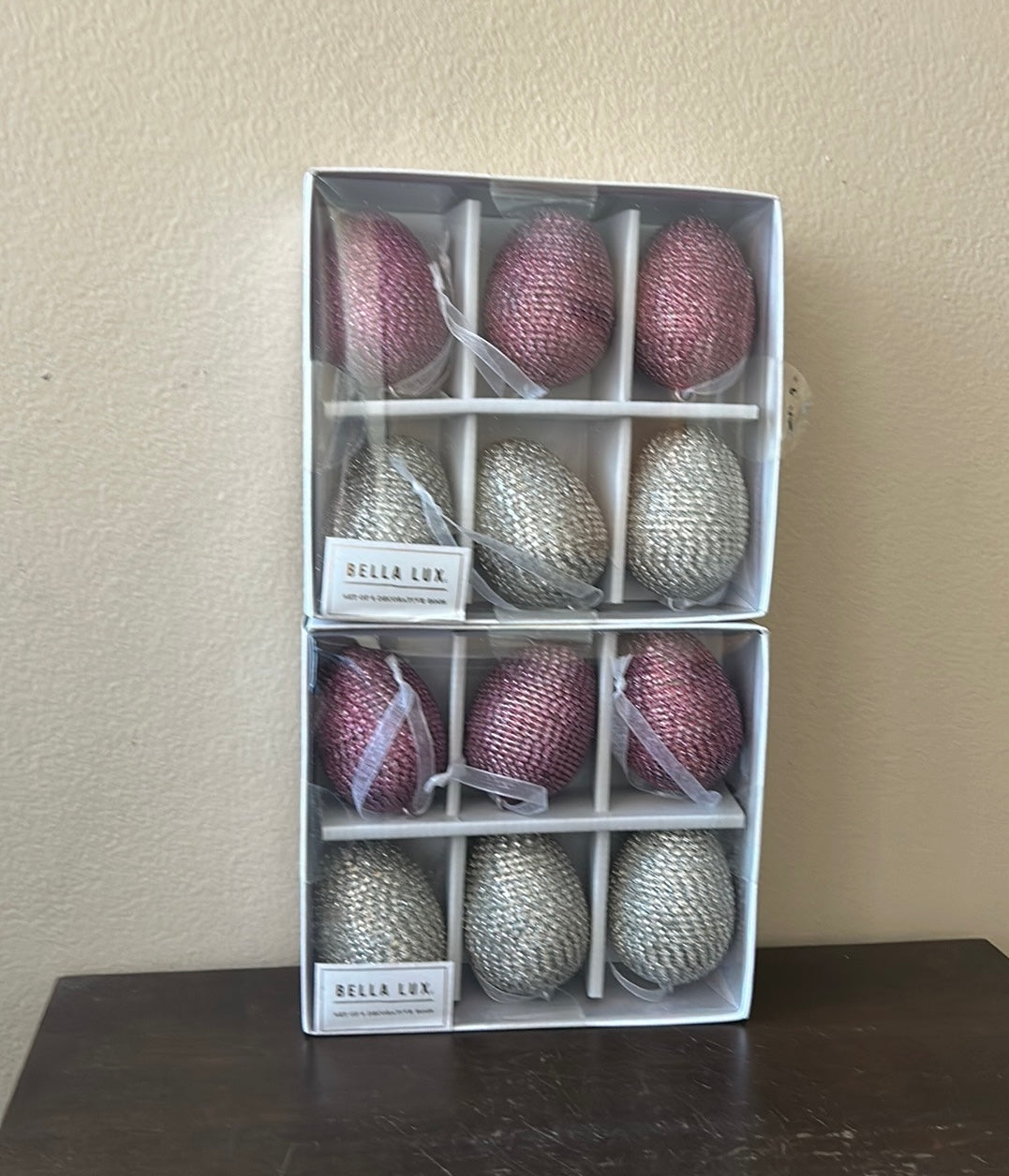 BELLA LUX EASTER EGGS ORNAMENTS 12 PINK SILVER BEADED 2 1/2 IN NIB