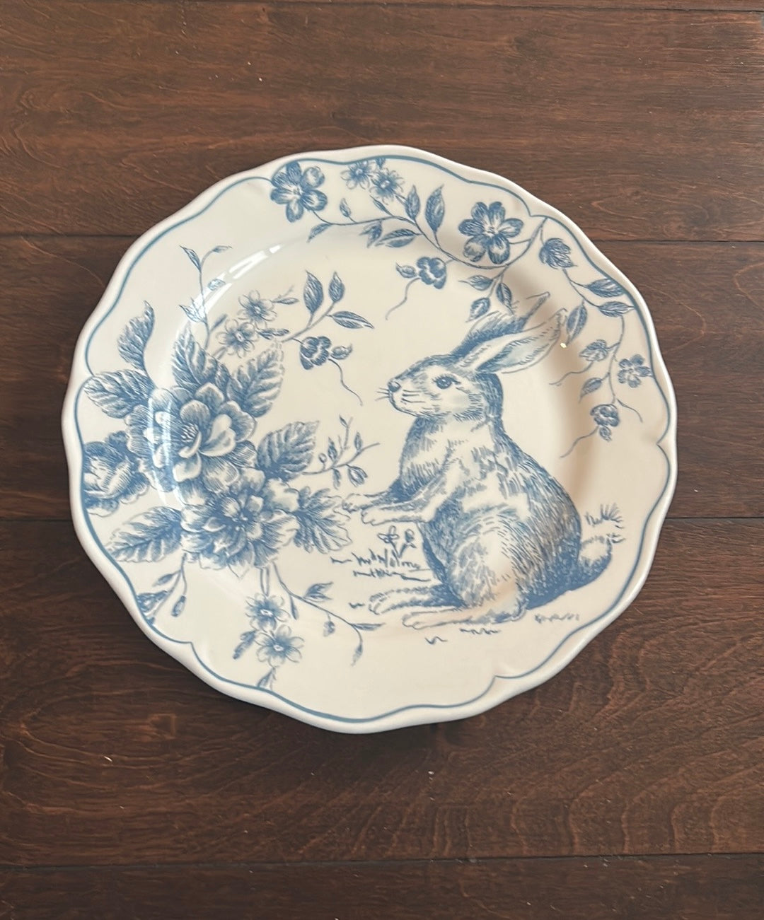 Set Of 4 Easter Bunny Scalloped Ceramic Salad Plates New Blue Floral 9 1/4”