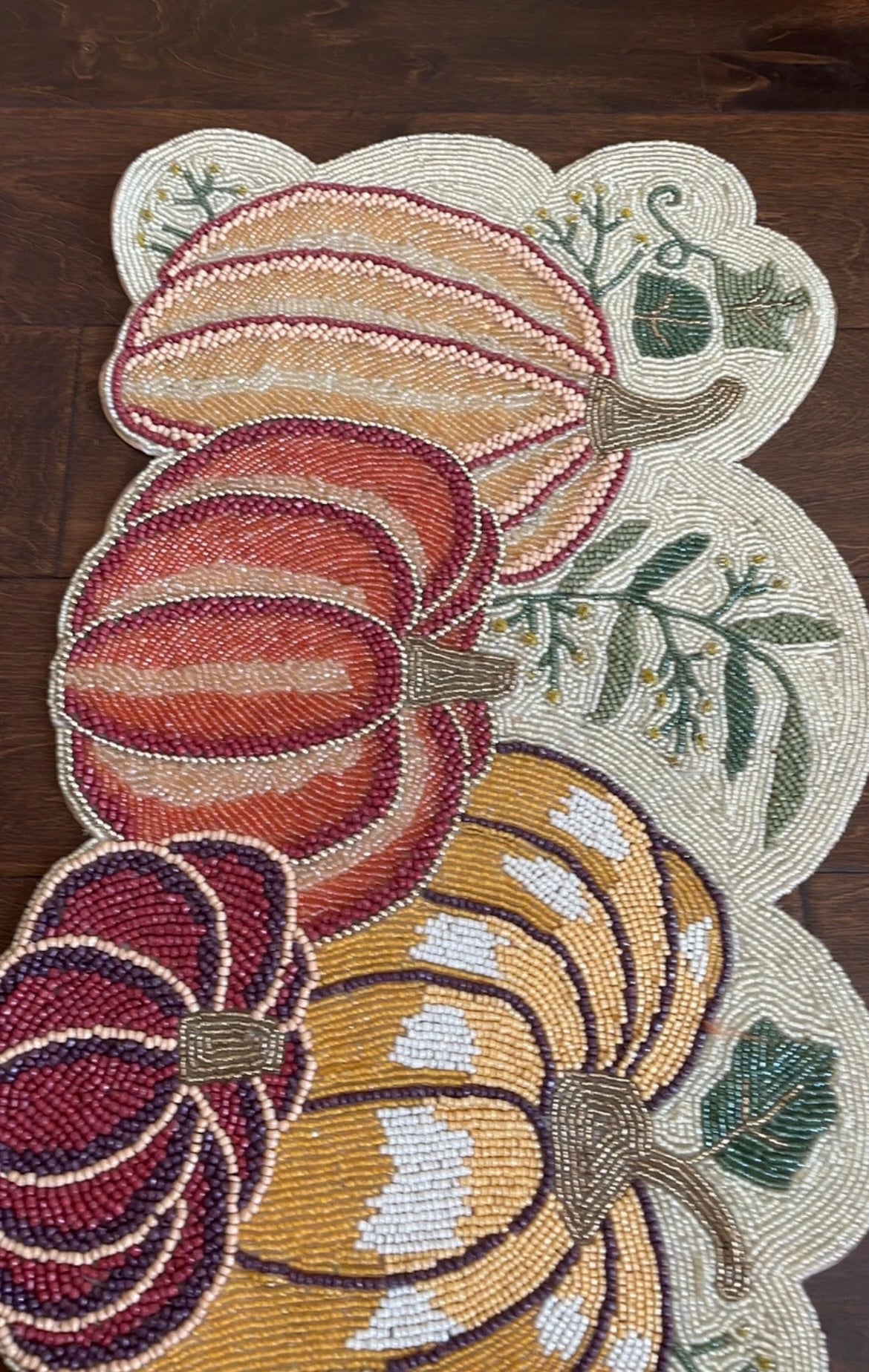 Nicole Miller Fall Beaded Table Runner Pumpkins Leaves Thanksgiving Embroidered
