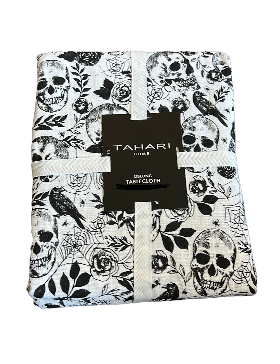 Tahari Halloween Tablecloth Skull Floral Crows Spiderweb Black White