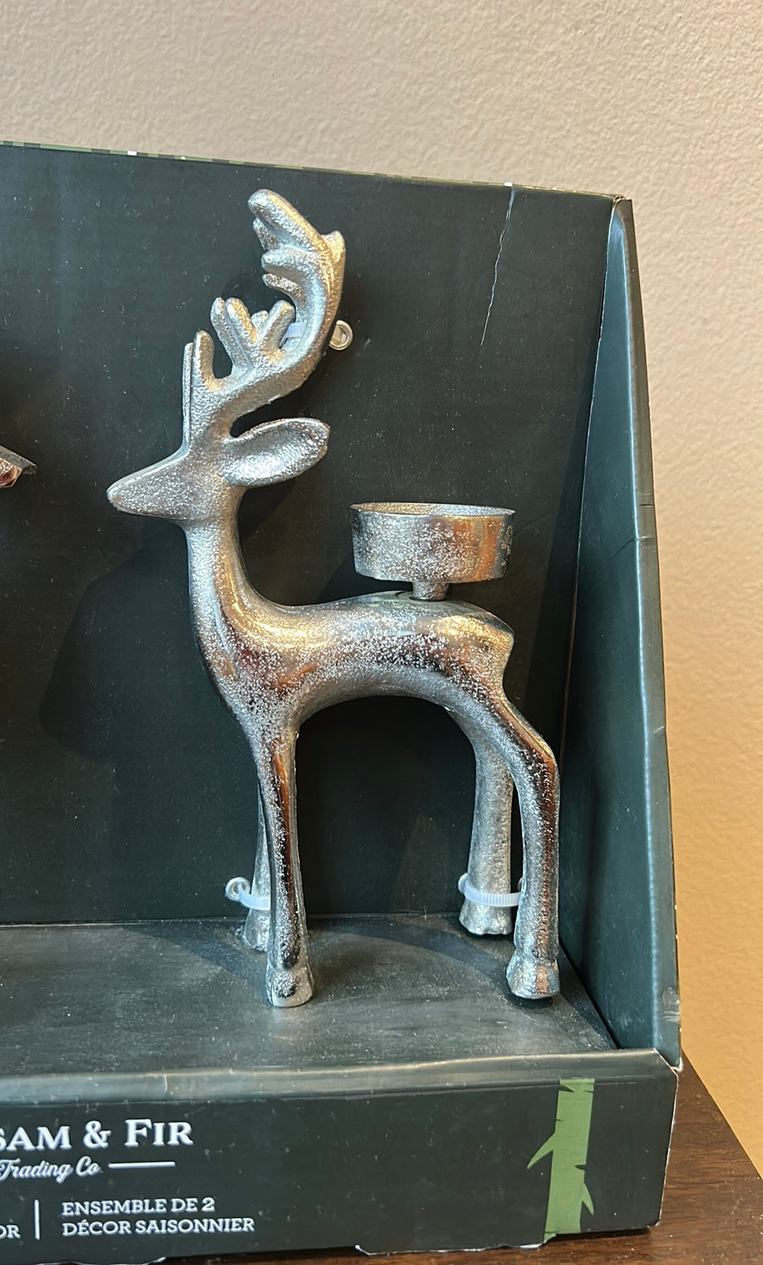 Balsam & Fir Set Of 2 Reindeer Tea Light Candle Holders Silver Metal New