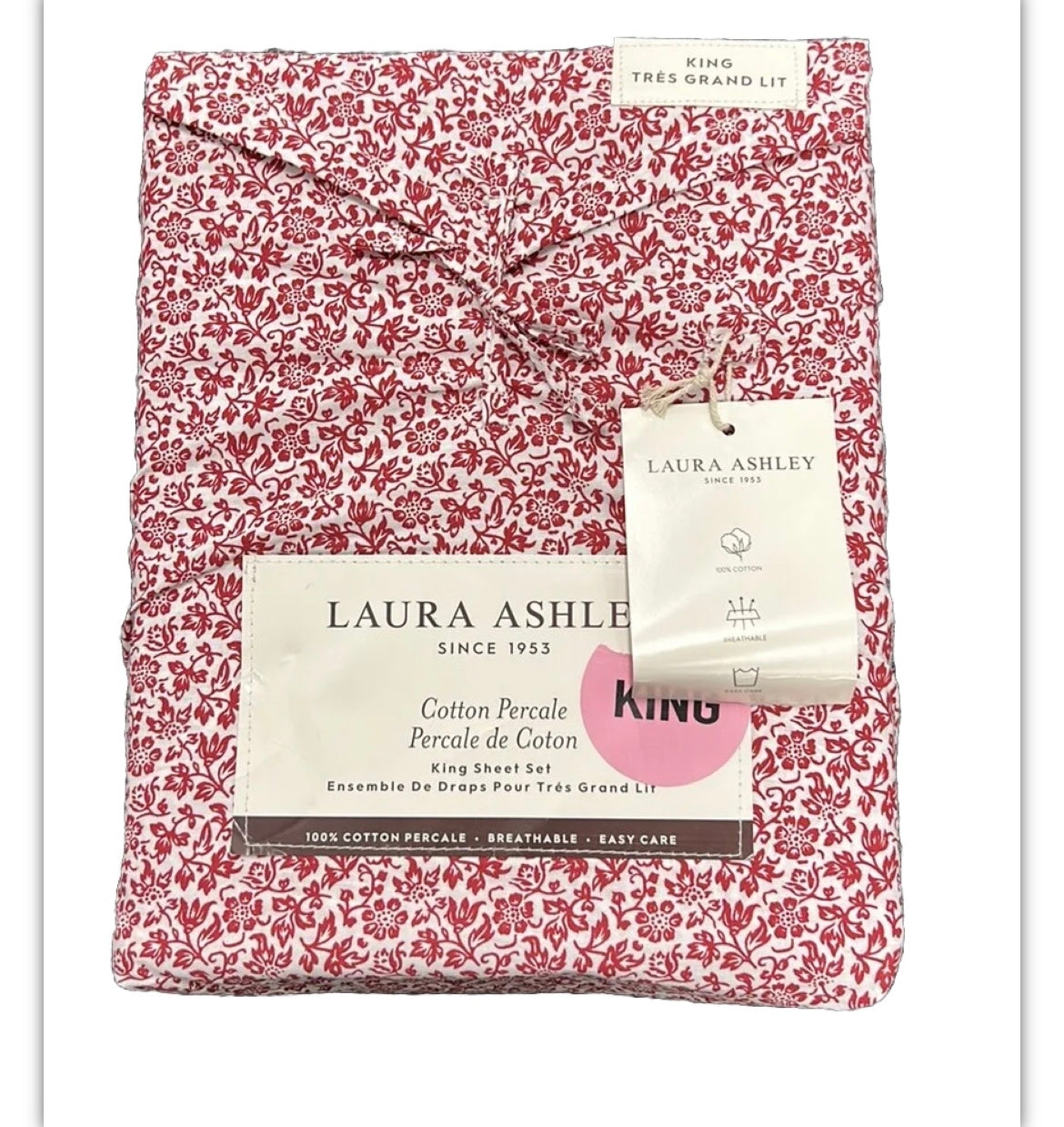 New Laura Ashley Cressida Winter King Sheet Set Christmas Red White New