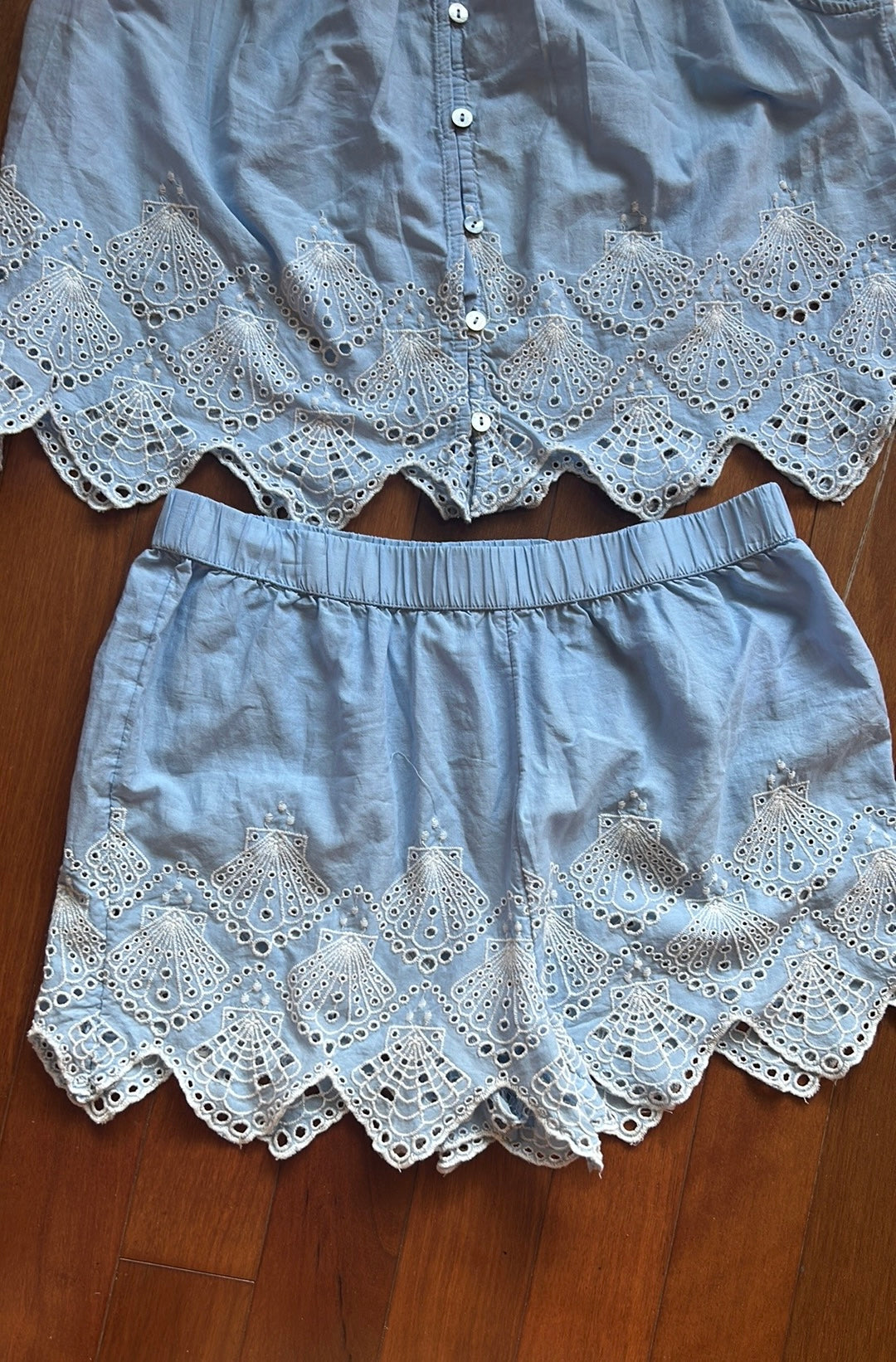 Calypso Womens Blue White Pajama Set Shorts Top New Embroidered Cotton Sz S