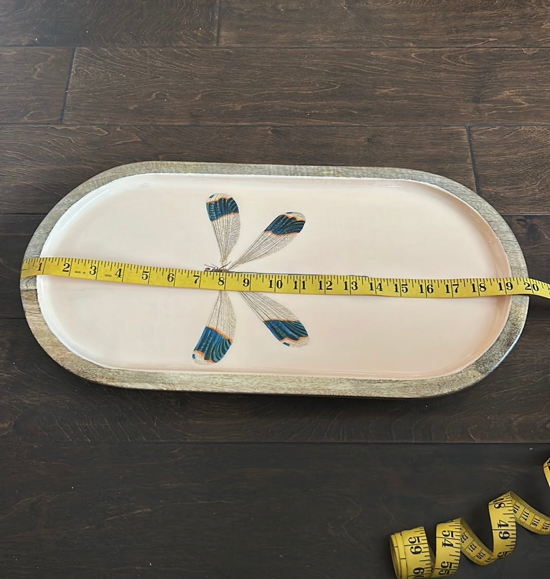 New Wood Dragonfly Serving Platter 20”x10” With Legs Top Is Glossy Finish