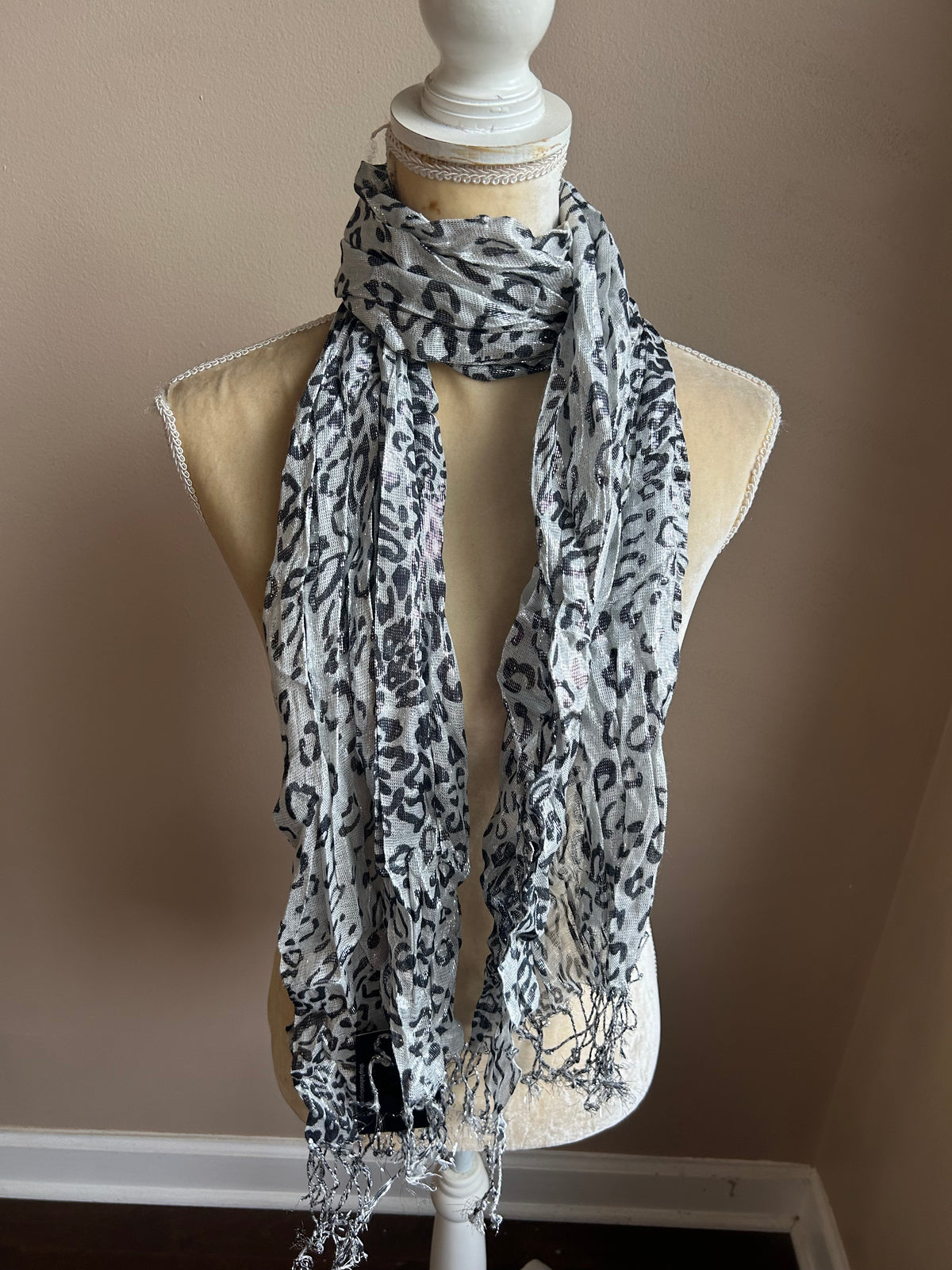 New Womens Metallic Shimmery Animal Print Fringed Scarf MultiColor 5000-3100