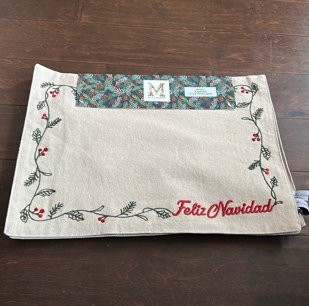 Mia Charro Set Of 4 Placemats Christmas Tartan Plaid Reversible embroidered