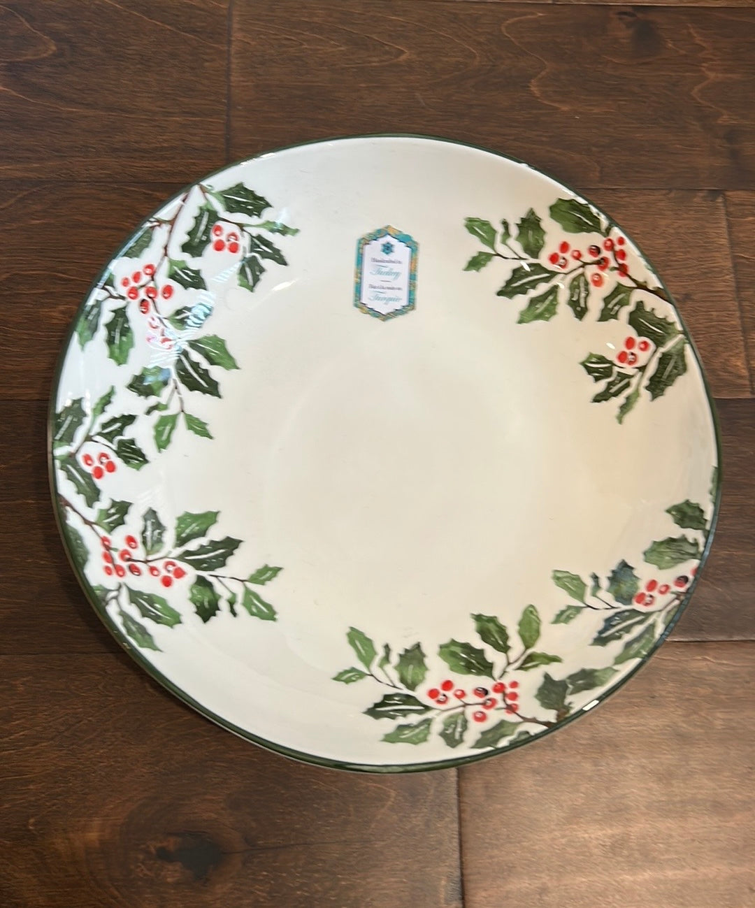 Papart Christmas Holly Berries Ceramic Serving Bowl Hand Painted Turkey 11.5”
