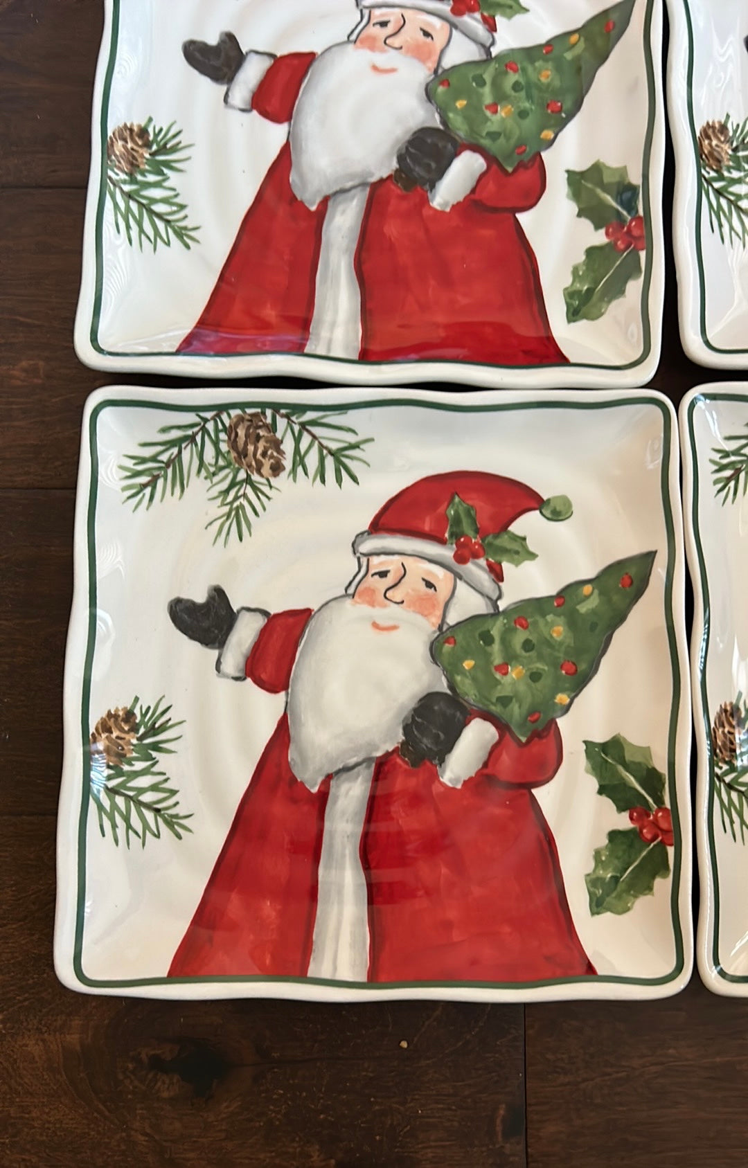 MAXCERA NEW Santa Claus With Christmas Tree SALAD PLATES 8.5" SQUARE Set Of 4