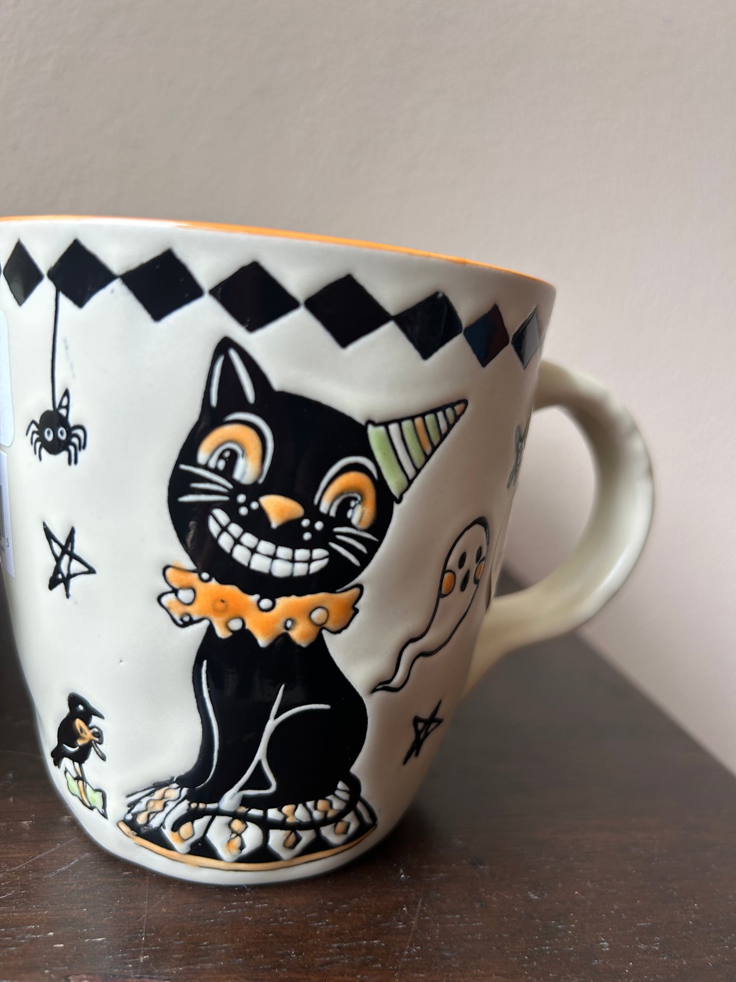 New Eli & Ana Set of 4 Coffee Mugs Halloween Cat Ghosts Spider Handpainted