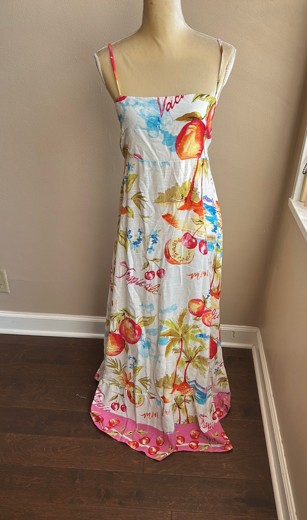 Label Of Love Leilani Dress New Sz L Linen Blend Smocking Tropical Fruits