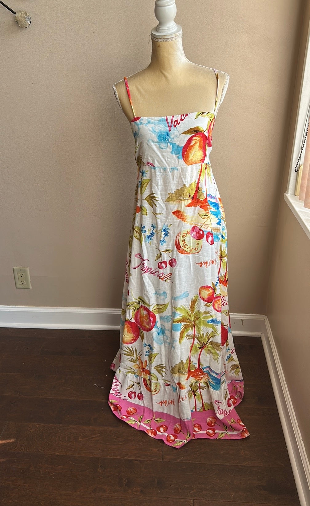 Label Of Love Leilani Dress New Sz L Linen Blend Smocking Tropical Fruits