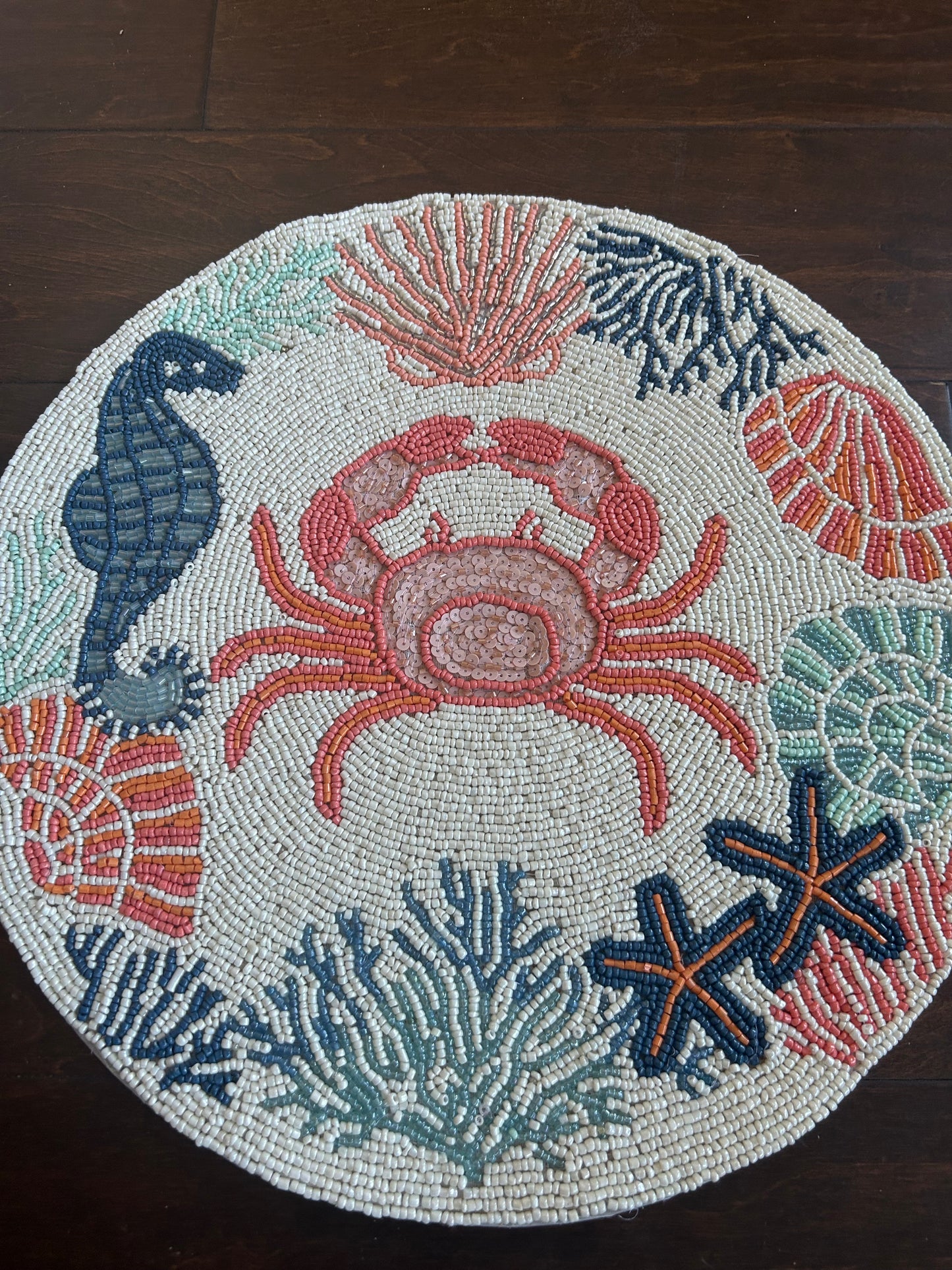 Tahari Beaded Charger Placemat New Ocean Life Sea Horse Crab 15”