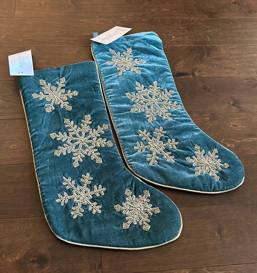 2 Rachel Zoe Embroidered Stocking Christmas New Beaded Burgundy Snowflake 22”