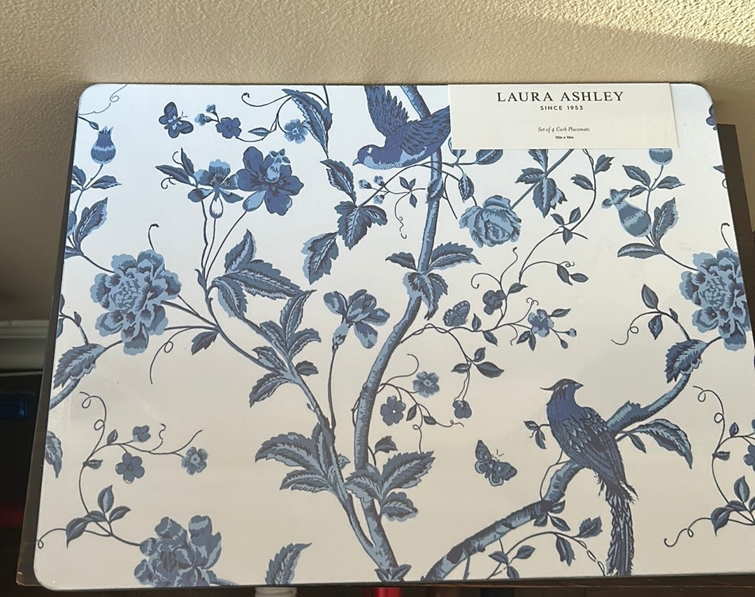 Laura Ashley Set Of 4 Cork Placemats New Floral Spring Blue