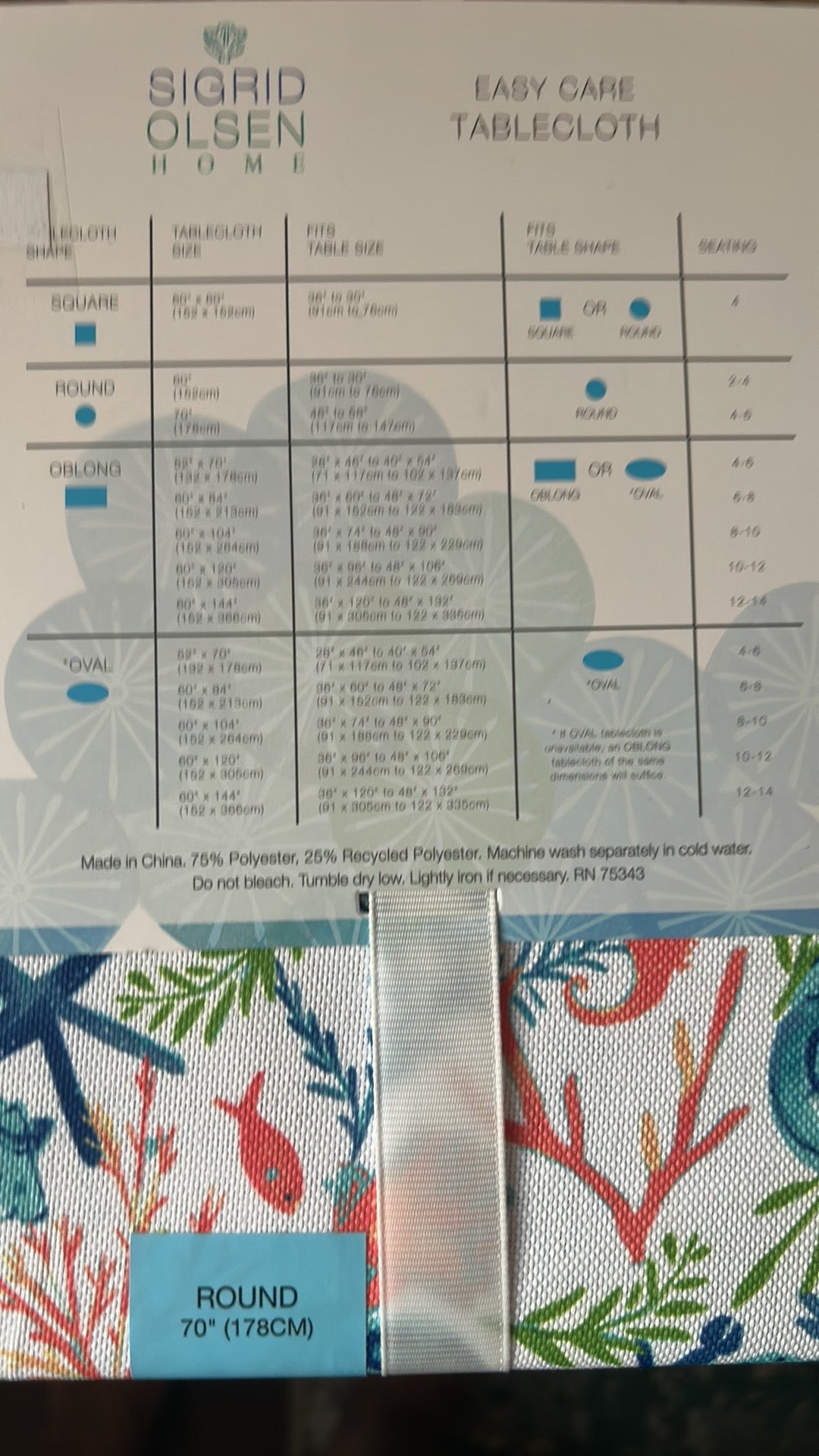 Sigrid Olsen Tropicam Print tablecloth 70” Round Ocean sea Life Coral Reef New