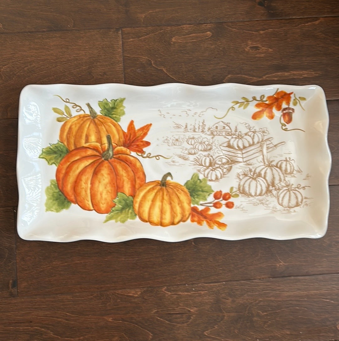 Maxcera Pumpkin Fall Leaves Thanksgiving Serving Platter Ceramic New