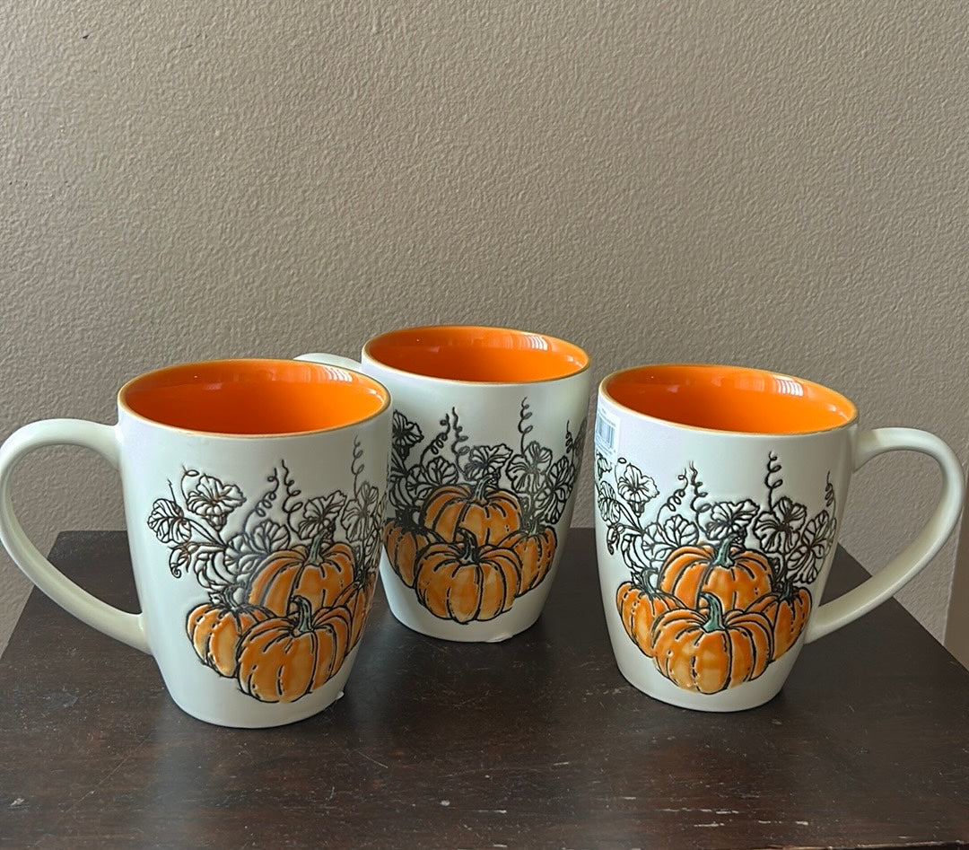 Eli & Ana Fall Thanksgiving Pumpkin Floral Ceramic Mugs/Cups Set of 3 - 18 Oz
