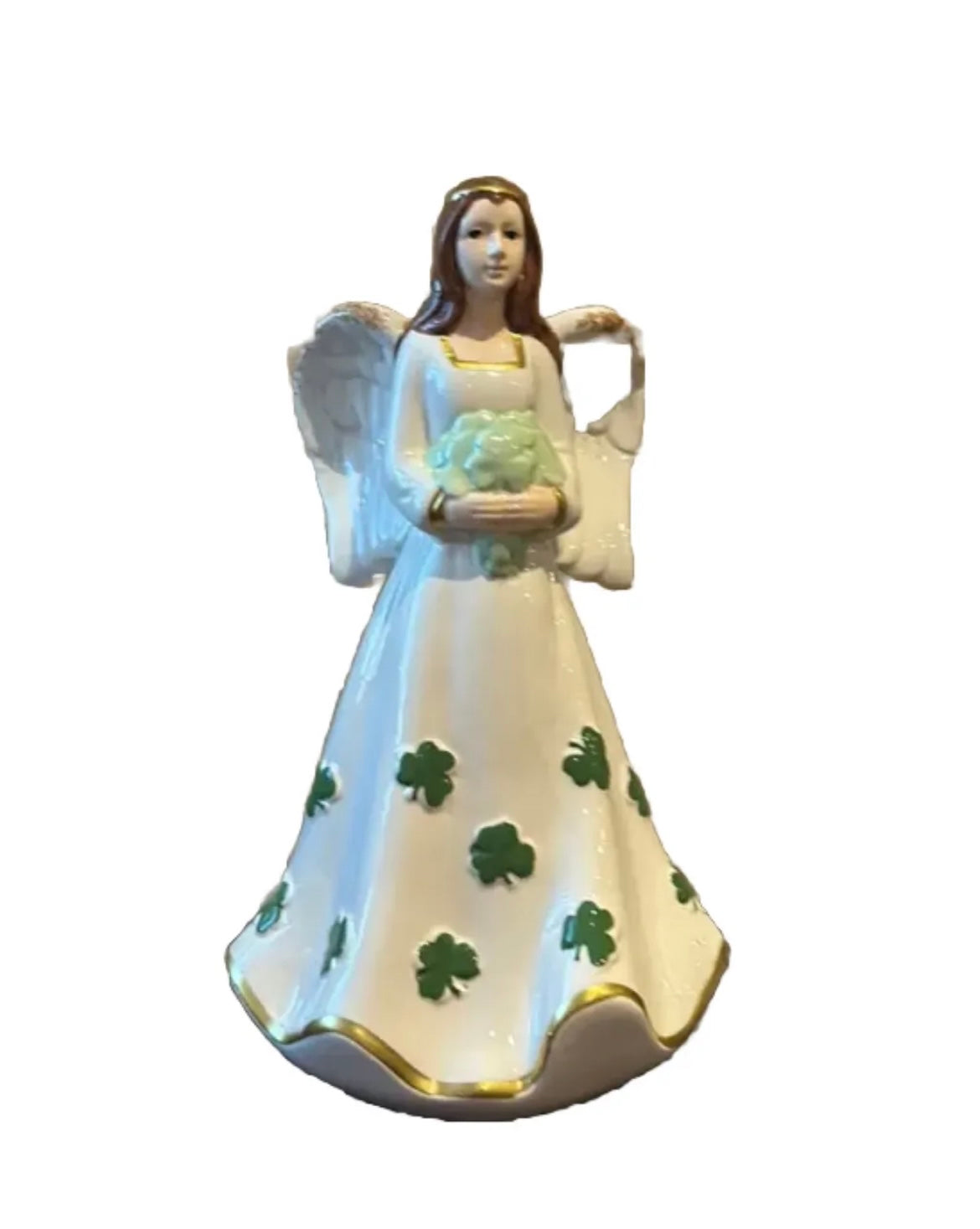 Cute St Patrick’s Day Angel Holding Clover Leaf Figurine Bouquet New