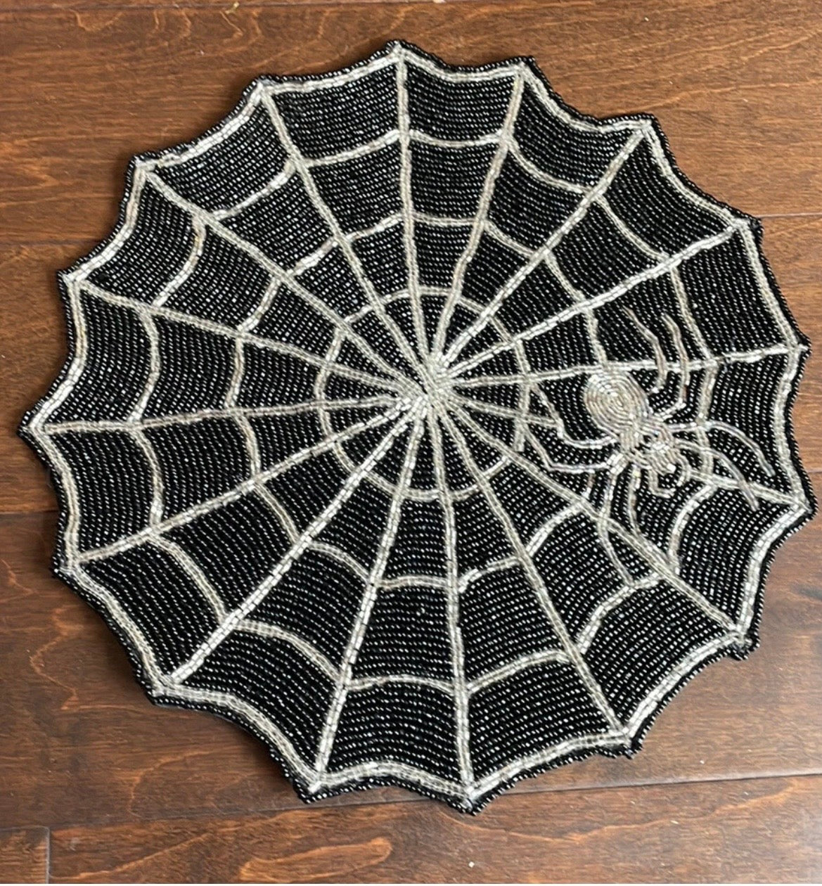 New Spider Web Placemat Decor Accent Silver Black Halloween Beaded Charger