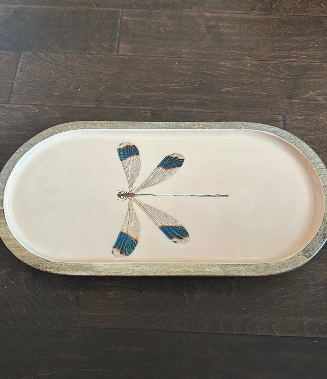 New Wood Dragonfly Serving Platter 20”x10” With Legs Top Is Glossy Finish