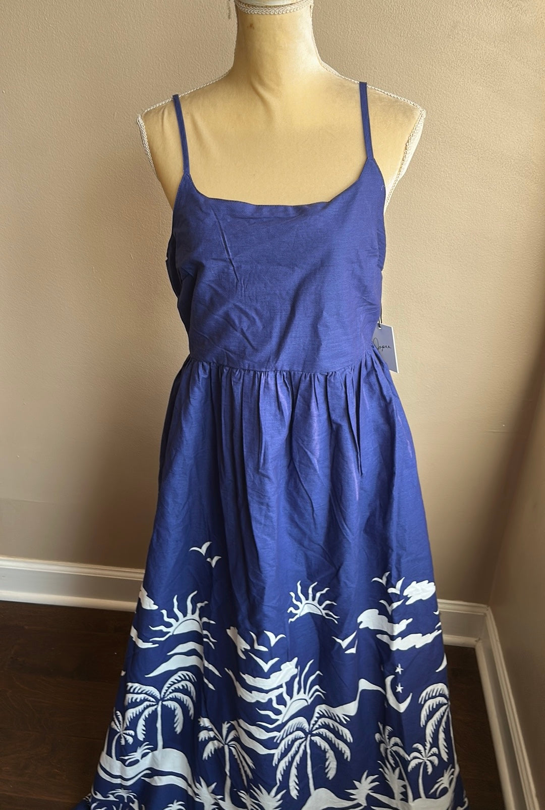 Japna Women’s Dress Maxi Cotton New Blue White Tropical Sz S Smocking Pockets