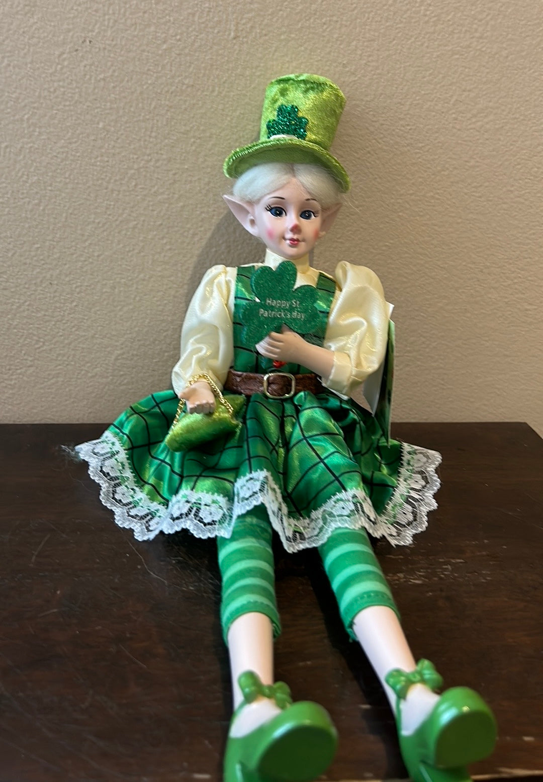St Patrick's Day Irish Elf Female Shamrock Doll Shelf Sitter by Novogratz 18”