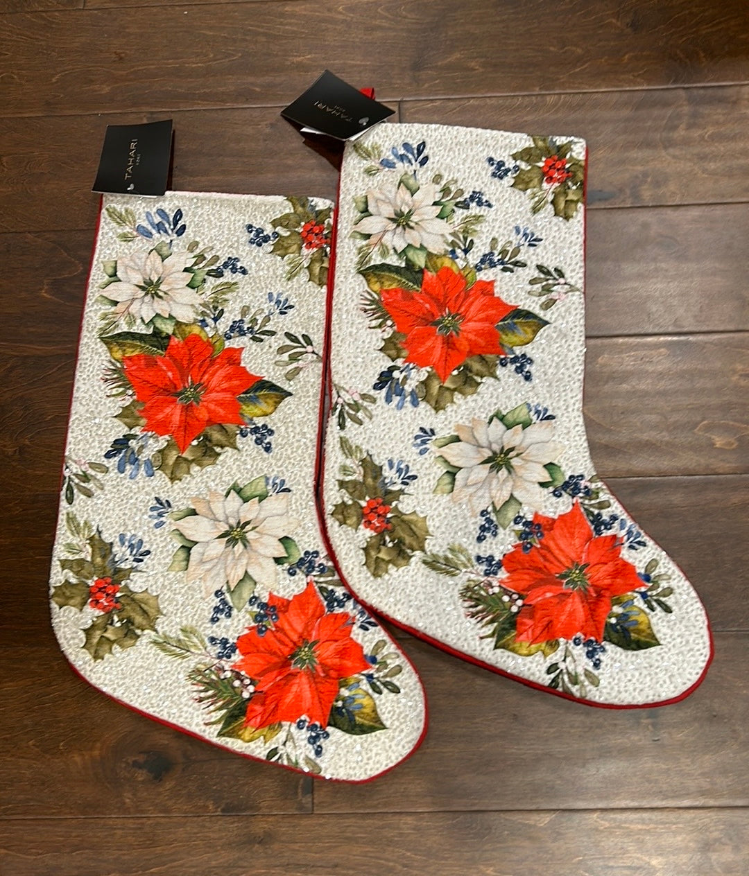 2 Tahari Embroidered Stocking Christmas New Beaded Poinsettia Holly Berry