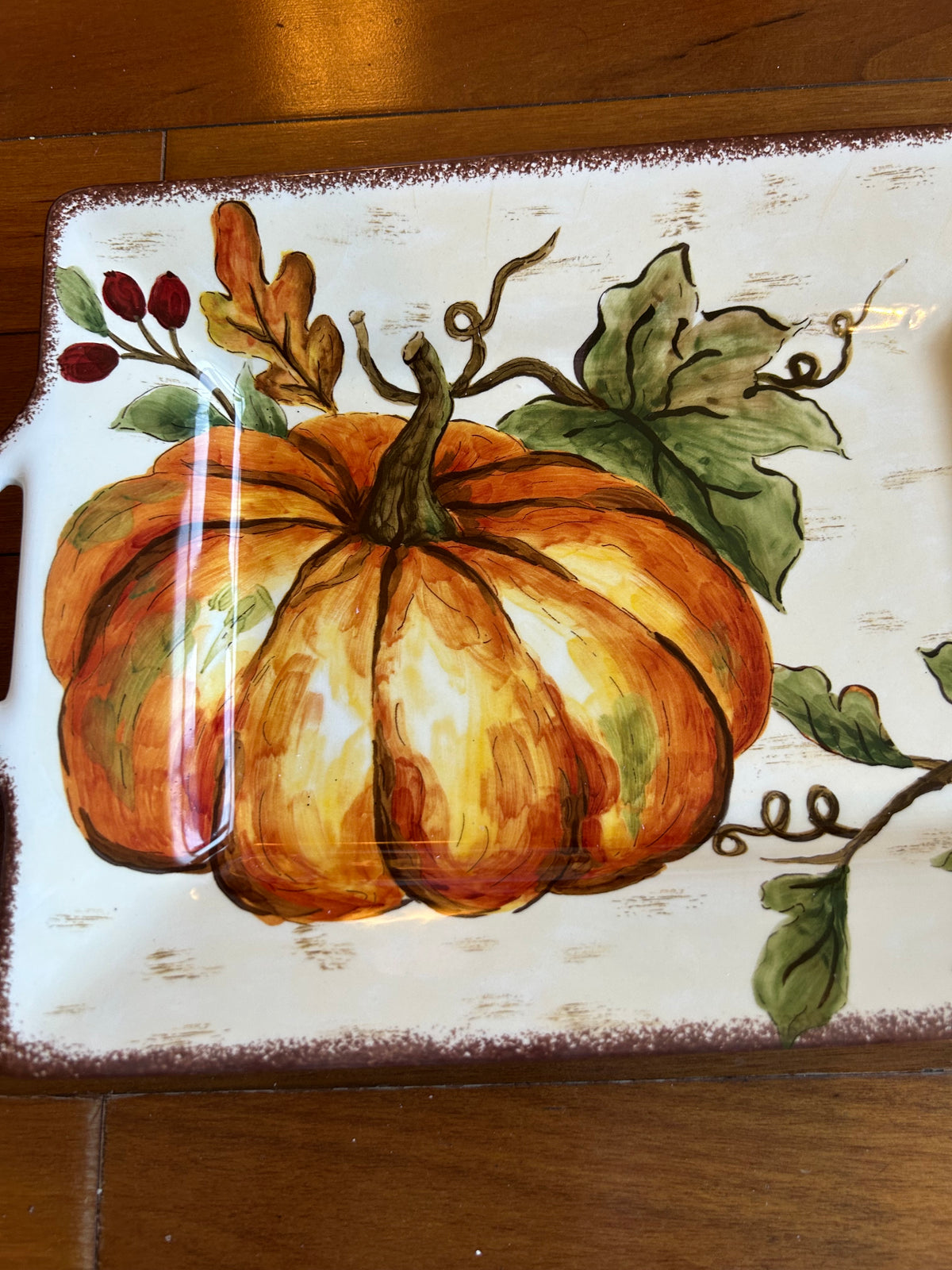 Pumpkin Fall Leaves Thanksgiving Serving Platter Ceramic New 14 3/4” With Handle