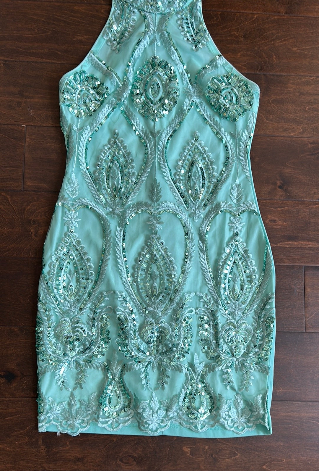 Quiz Women’s Embroidered Dress Sz M (UK38) Green Sequins Formal ST2825