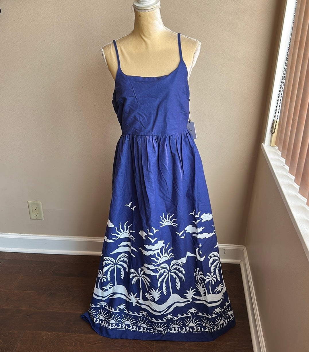 Japna Women’s Dress Maxi Cotton New Blue White Tropical Sz S Smocking Pockets